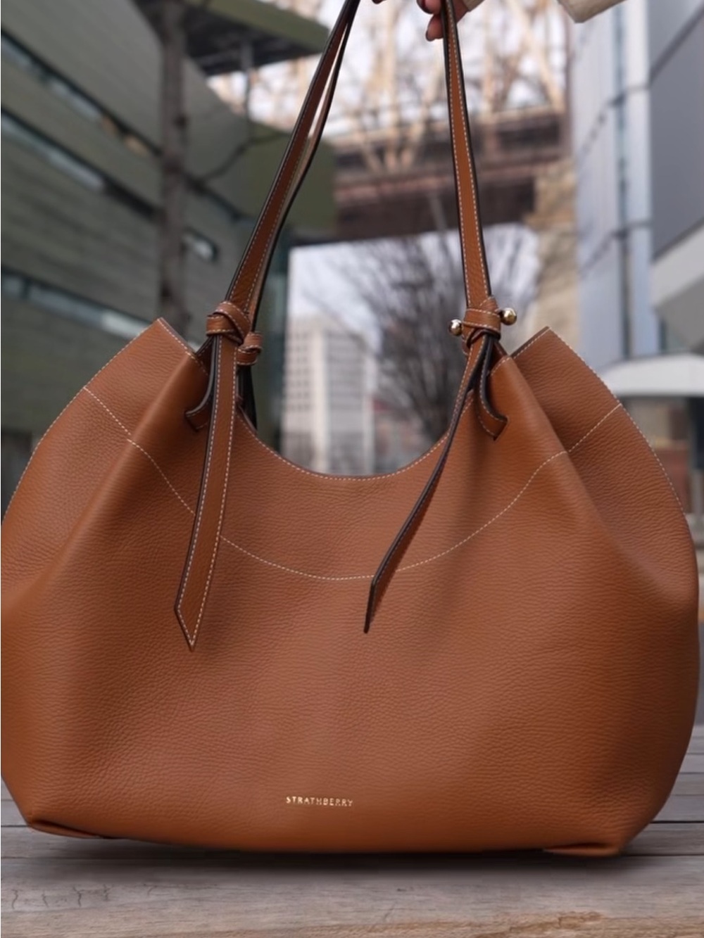 Strathberry Barra Tote Tan Leather Shoulder Tote Bag - Elegant Everyday Style - Picture 5 of 13